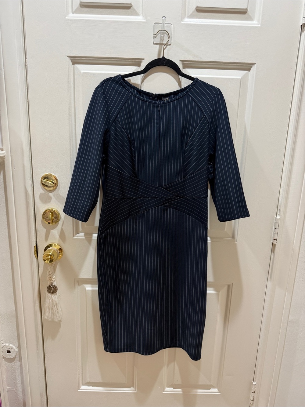 Navy Pinstripe Midi Dress with Waist Detail